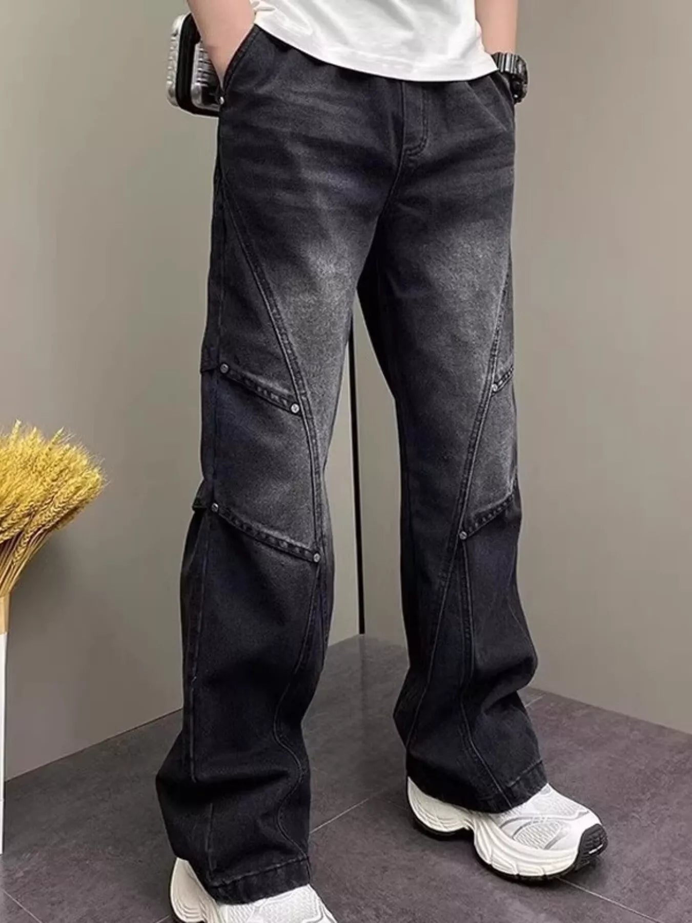 Men's Full Size Vintage Wash Wide Leg Jeans Plus Size - -