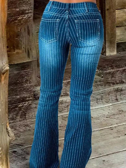 Striped Button Fly Flare Jeans - -