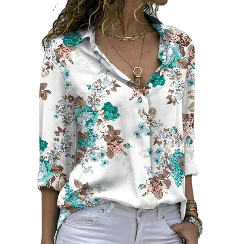 Long-Sleeved Casual Shirt Women Flower Blouse Oversized Loose Lapel Shirts