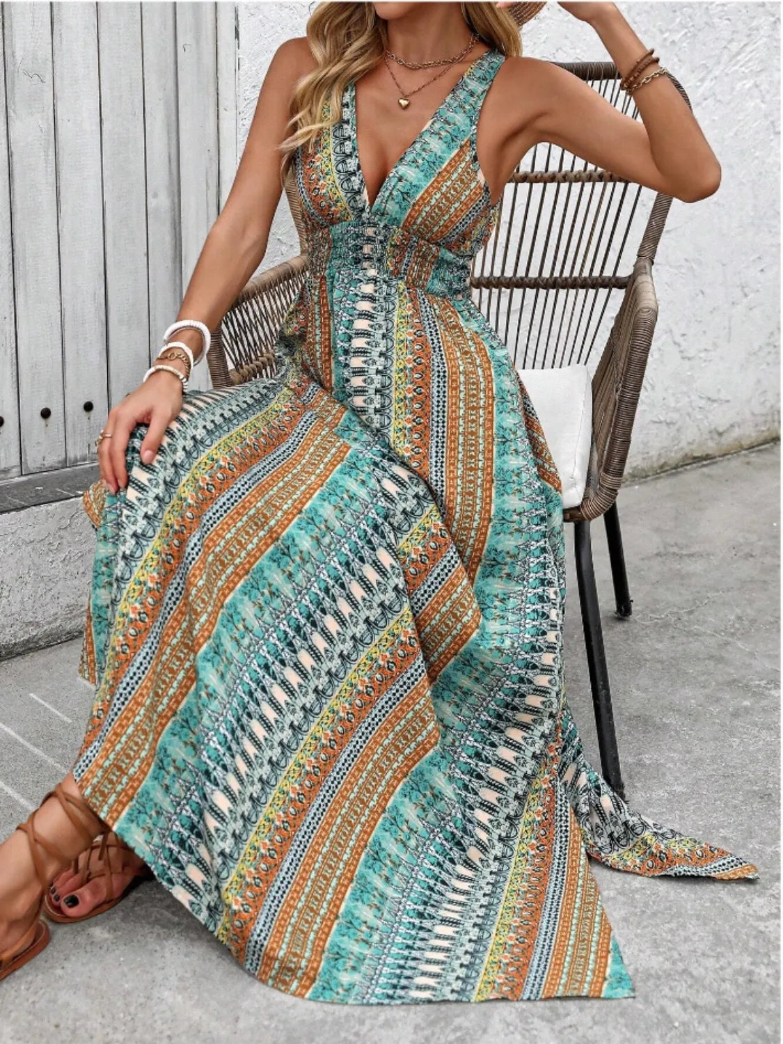 Tied Back Printed Sleeveless Maxi Slit Dress - -