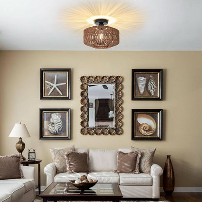 Dark Brown Hand Woven Rattan Ceiling Light With Dimmable LED - -