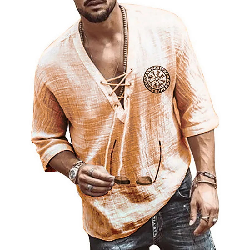 Men's Tee Shirt Solid Tops Pullover v Neck Lace-Up Loose Top Casual Half Sleeve