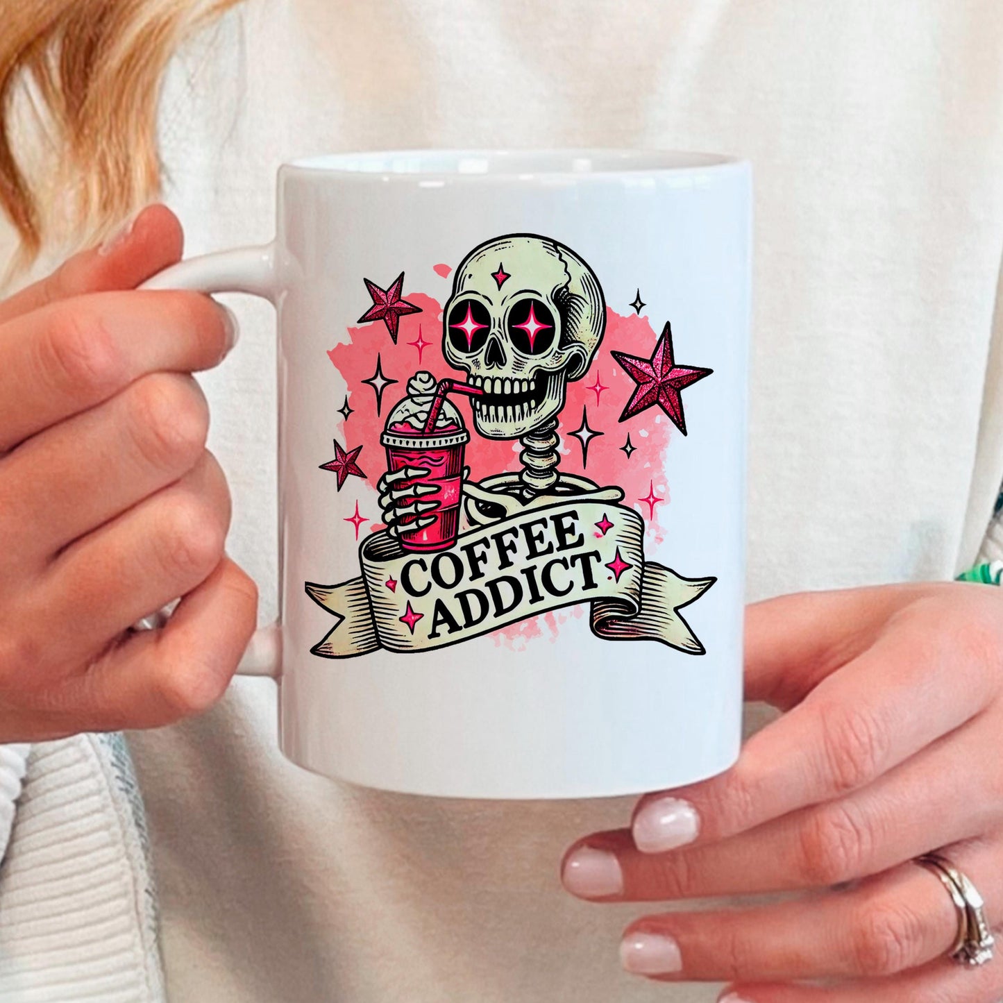 Coffee Addict Mug – Pink Skull Coffee Cup | Funny Caffeine Lover Gift, Ceramic, Dishwasher Safe - -
