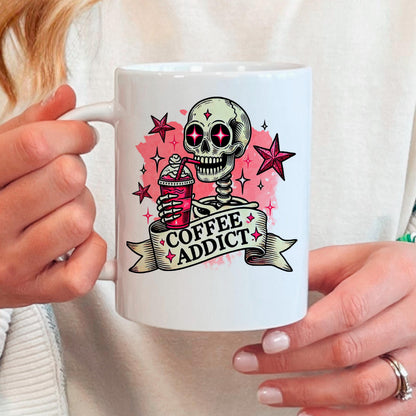 Coffee Addict Mug – Pink Skull Coffee Cup | Funny Caffeine Lover Gift, Ceramic, Dishwasher Safe - -