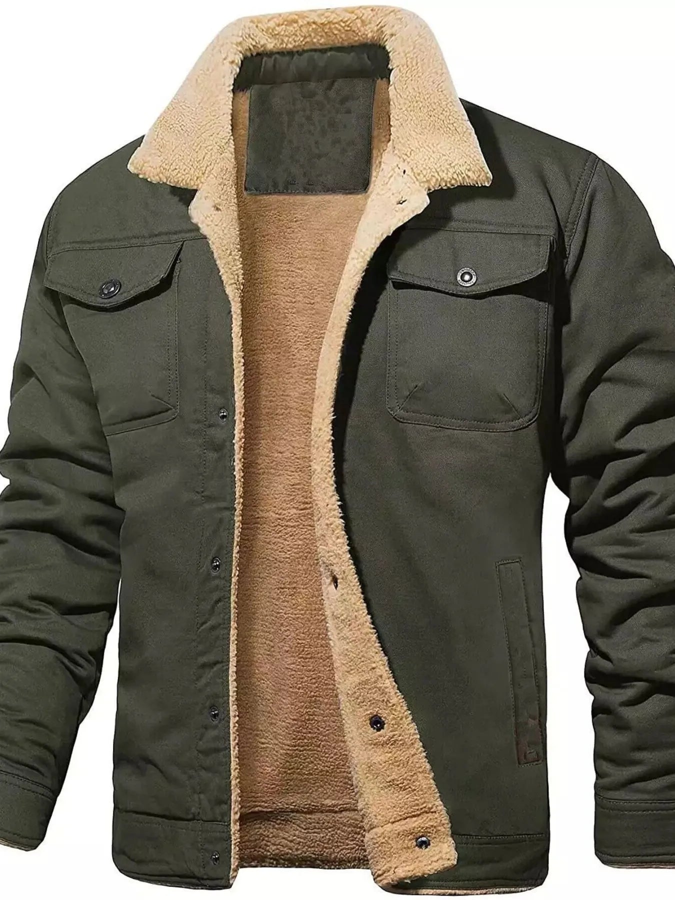 Men's Full Size Sherpa Lined Long Sleeve Jacket Plus Size - Military Green -