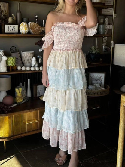Smocked Ruffle Layered Floral Midi Dress - -