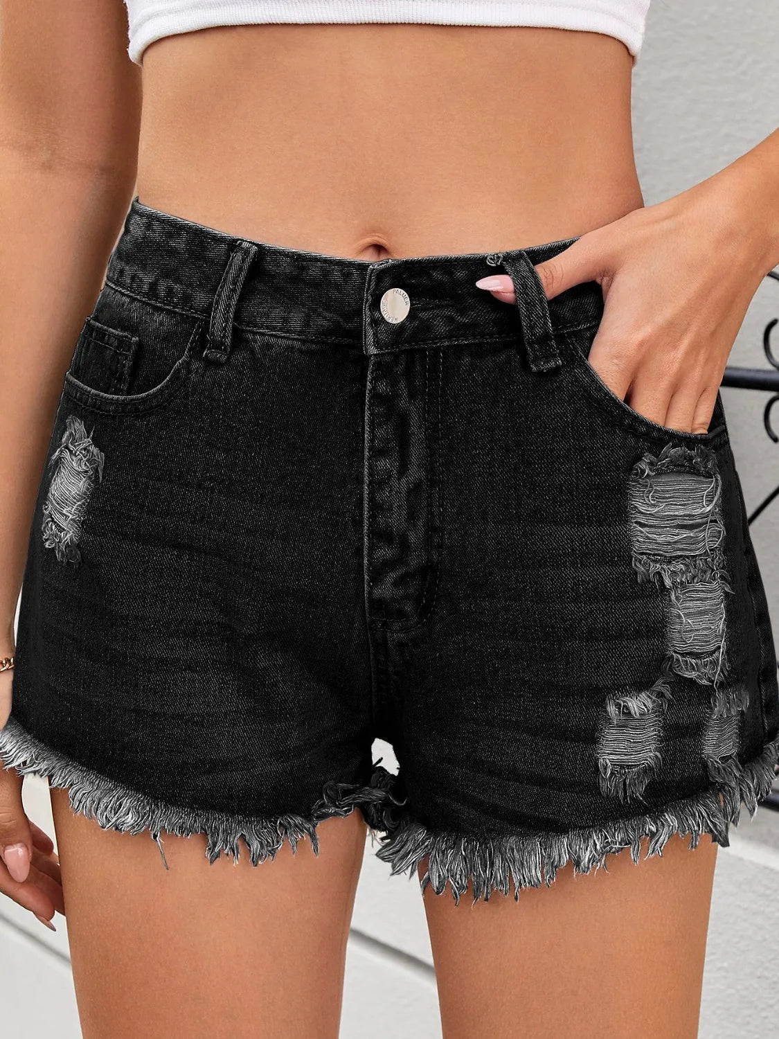 Distressed Raw Hem Denim Shorts - -