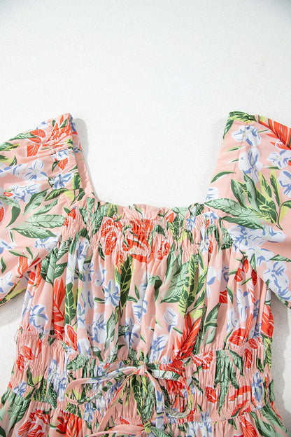 Floral Smocked Square Neck Puff Short Sleeve Midi Dress - -