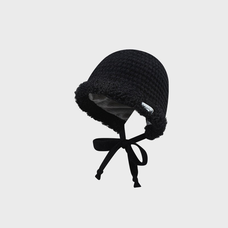 Chic Plush Wool Beanie with Strap - Black - baby hat