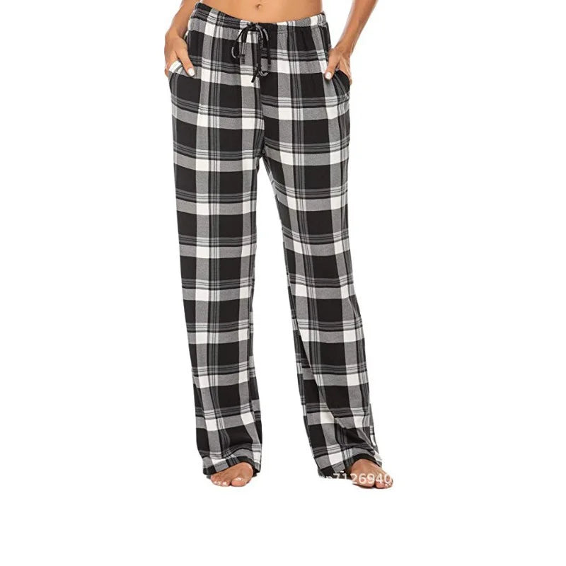 Women Solid Color Buffalo Plaid Pajama Pants Sleepwear With Pockets