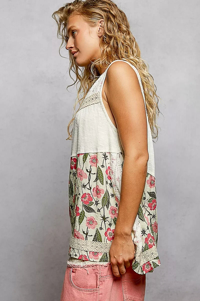 POL Lace Detail Floral V-Neck Tank - - Tank Top