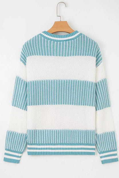 Two Tone Striped Patchwork Drop Shoulder Loose Sweater - -