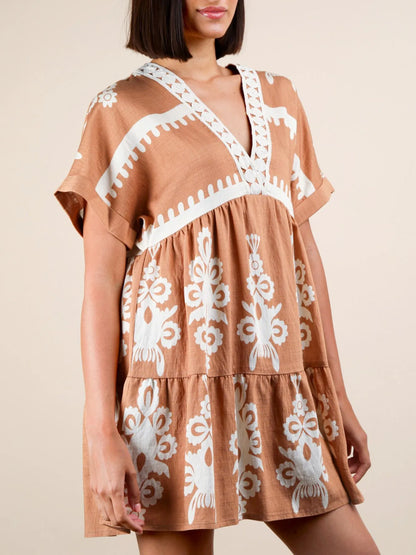 Printed V-Neck Short Sleeve Mini Dress - -