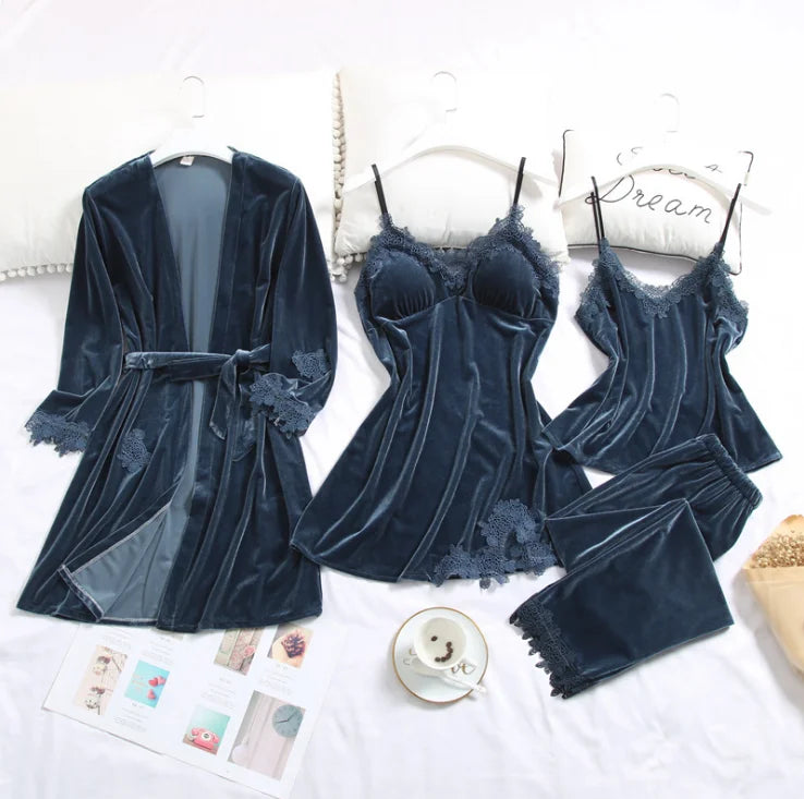 Velvet 4 Pieces Warm Winter Pajamas Sets Sleepwear Kit Sleeveless Nightwear