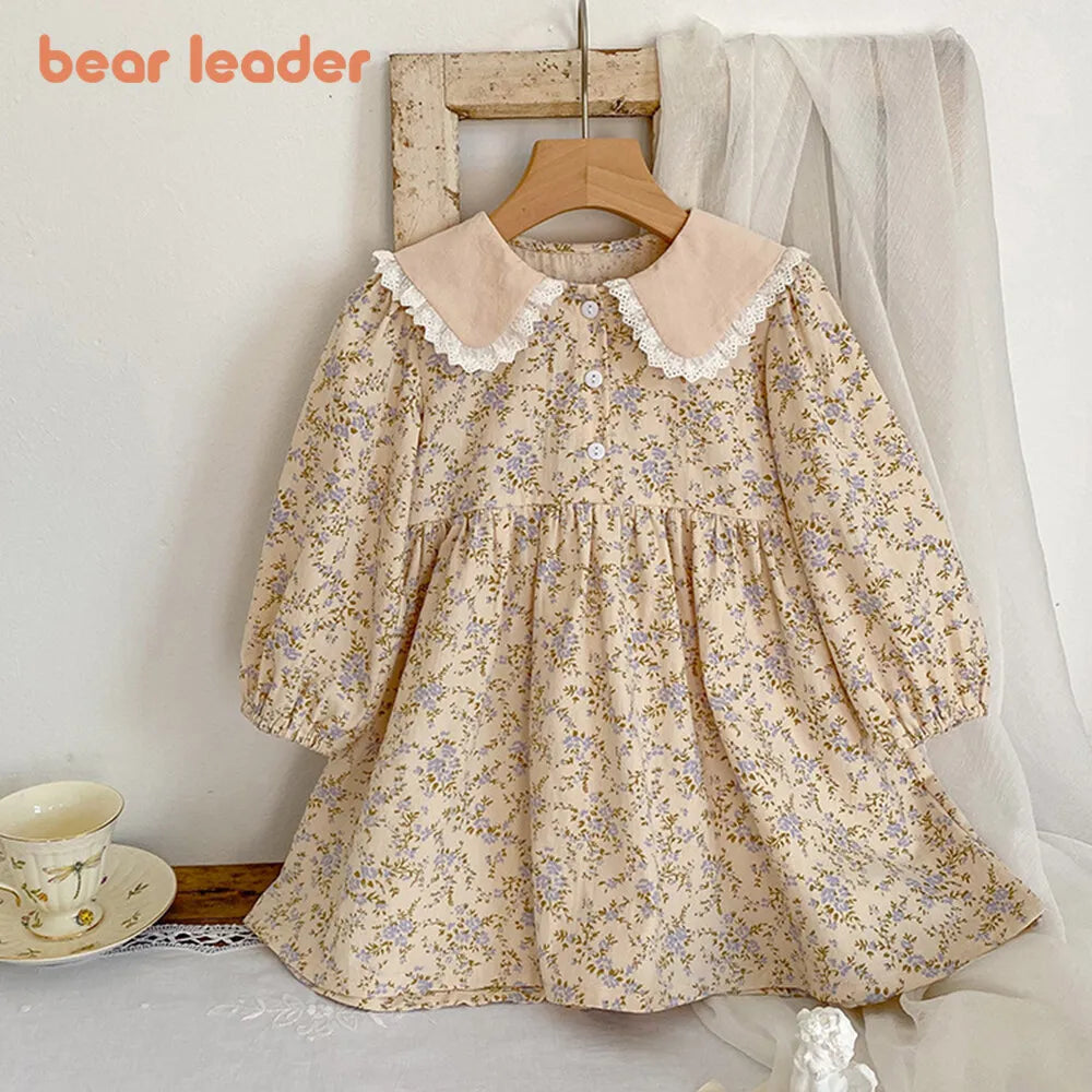 Girls Flower Lace Turn-Down Collar Princess Dress