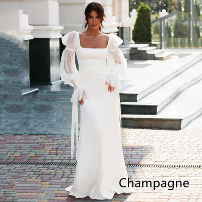 Chic Satin Mermaid Bridal Gown with Puff Sleeves - Champagne Size20W - dress