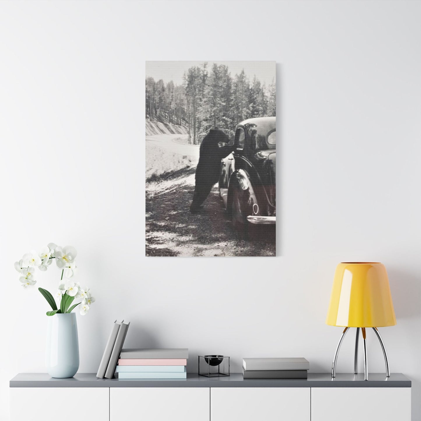 Yellowstone Bear Car Satin Canvas Stretched 24″ x 36″ (Vertical) 1.5"