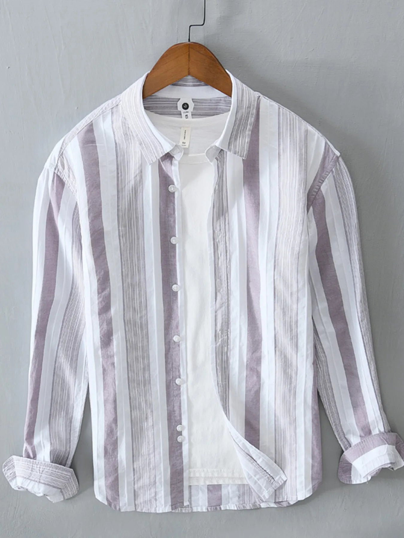 Men's Plus Size Striped Button Up Long Sleeve Shirt - Purple -