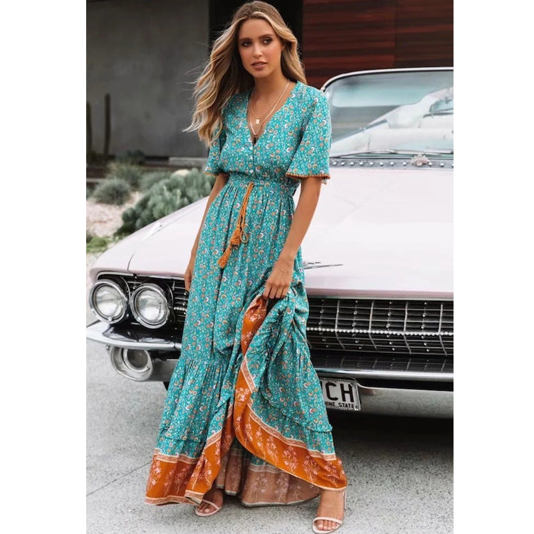 Large Swing V-Neck Dress Lace-Up Print Long Dress Women