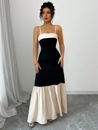 Two-Tone Spaghetti Strap Maxi Dress - -