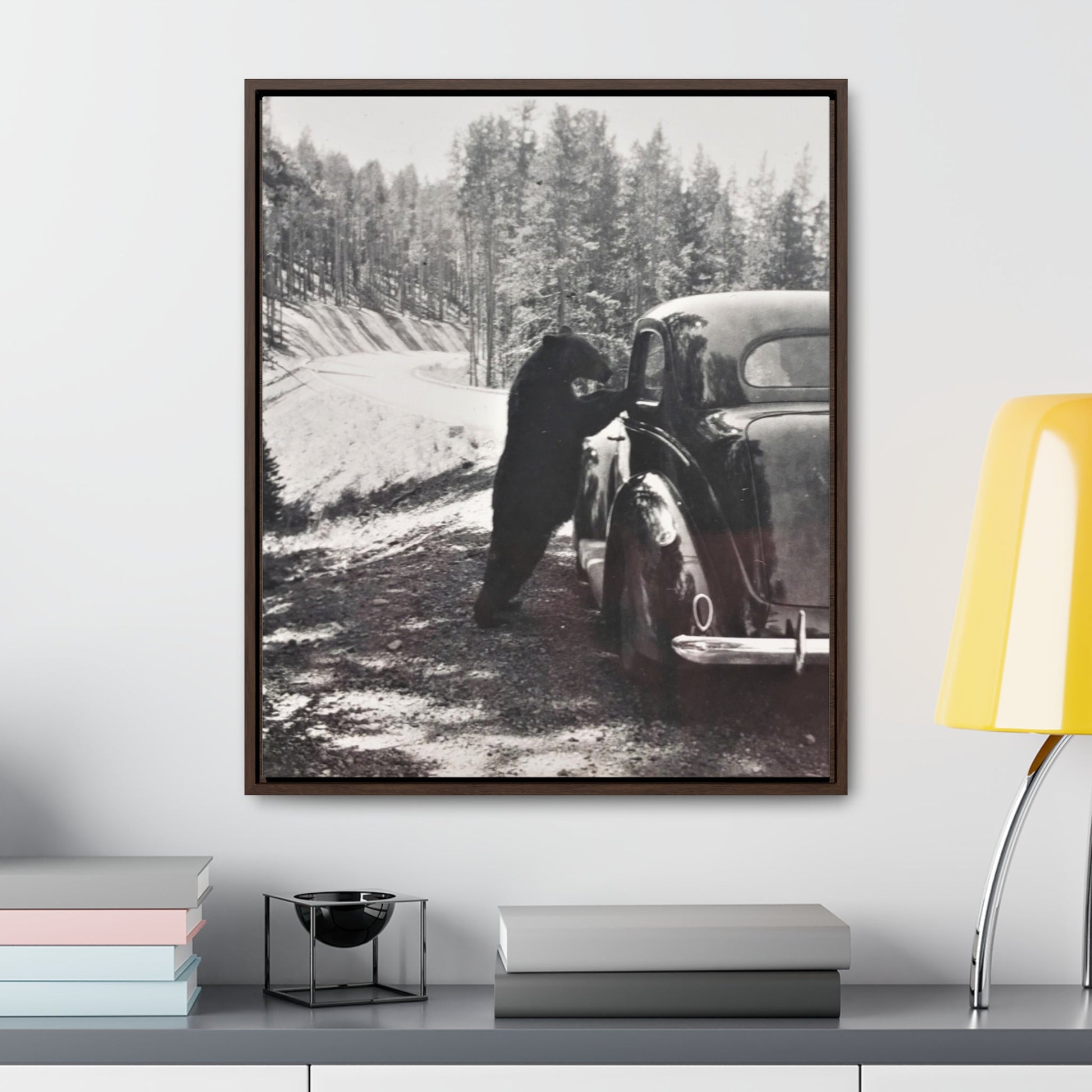 Yellowstone Bear Car Gallery Canvas Wraps Vertical Frame - 20″ x 24″ Premium Gallery Wraps (1.25″) Walnut - Canvas