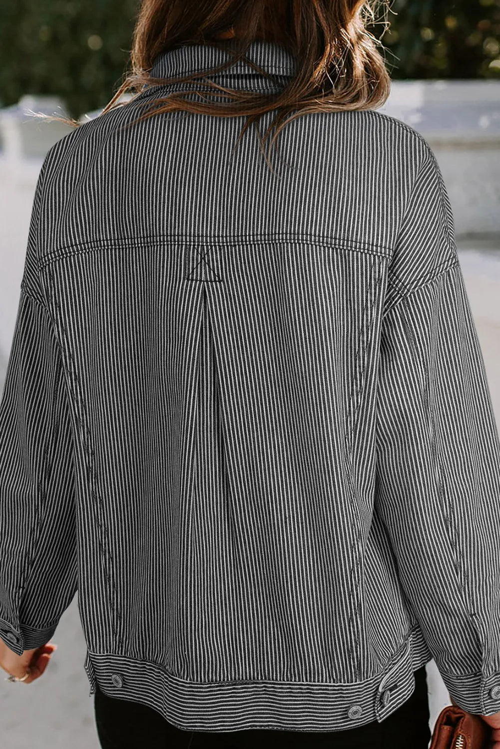 Striped Button Up Long Sleeve Denim Jacket - -