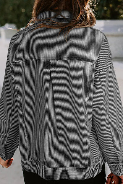 Striped Button Up Long Sleeve Denim Jacket - -