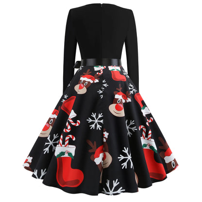 Winter Christmas Dresses Women 50S 60S Vintage Swing Dress Long Sleeve Casual