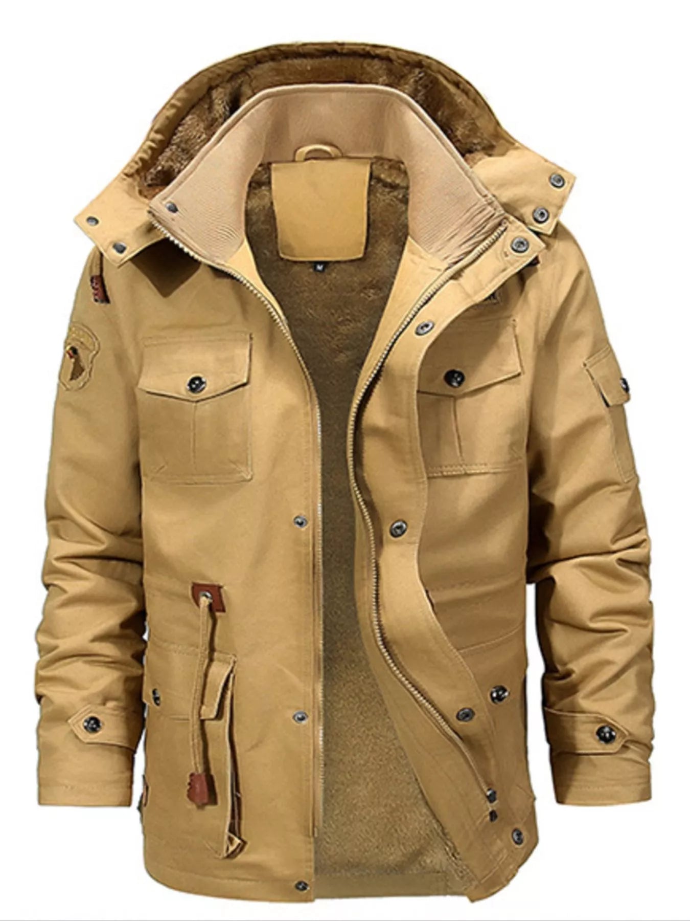Men's Full Size Zip Up Fleece Lined Jacket Plus Size - Khaki -