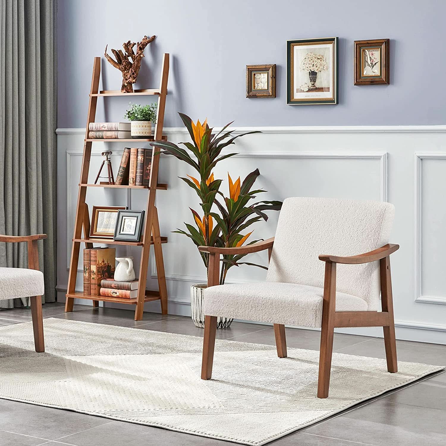 Mid Century Ivory Accent Chair With Wood Legs Boucle Upholstery- ShipItFurniture- {{Product type}}