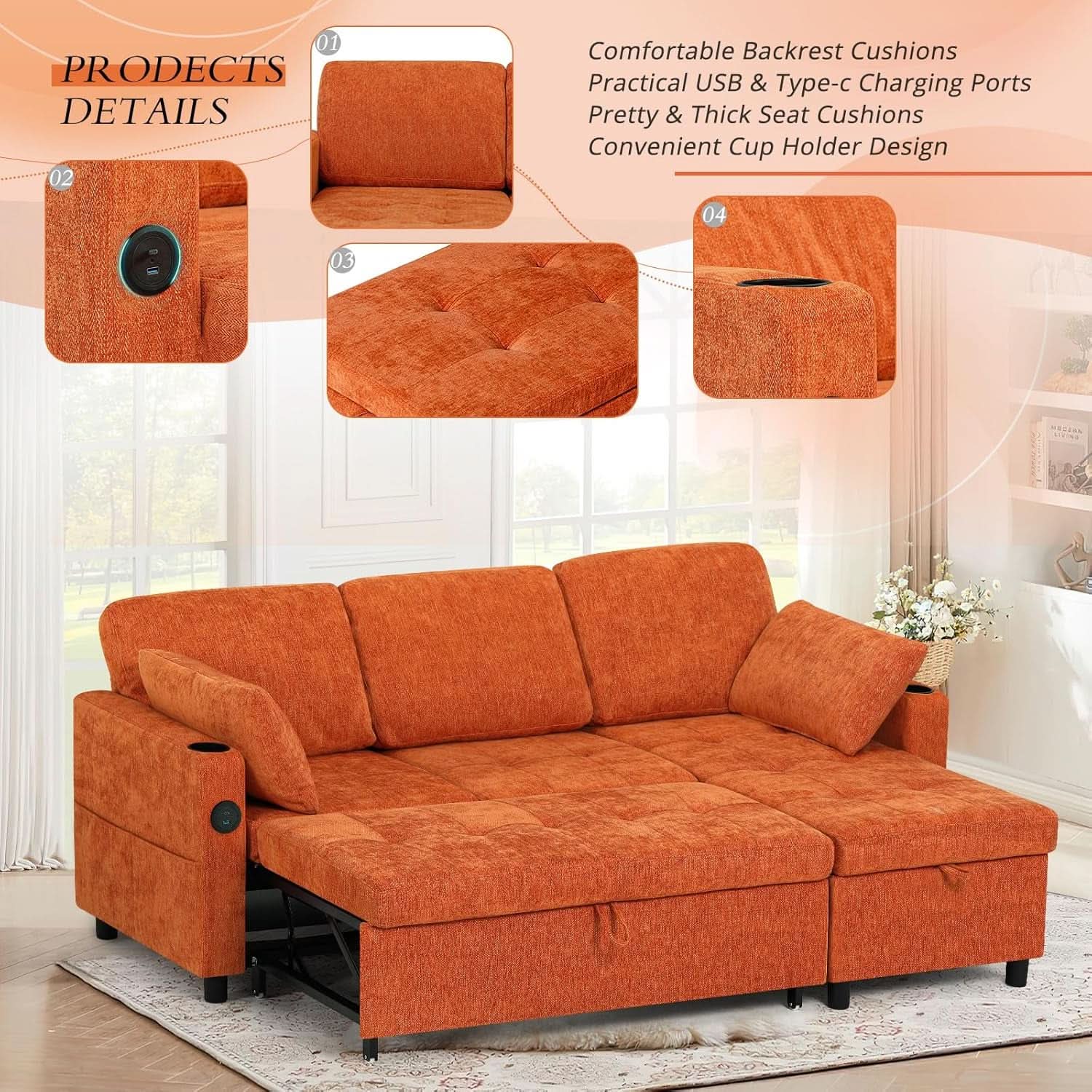 84Inches BrightOrange Chenille Pullout Sofa Bed USBPort- ShipItFurniture- {{Product type}}