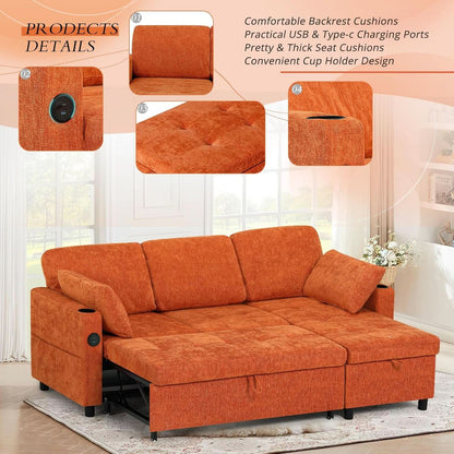 84Inches BrightOrange Chenille Pullout Sofa Bed USBPort- ShipItFurniture- {{Product type}}