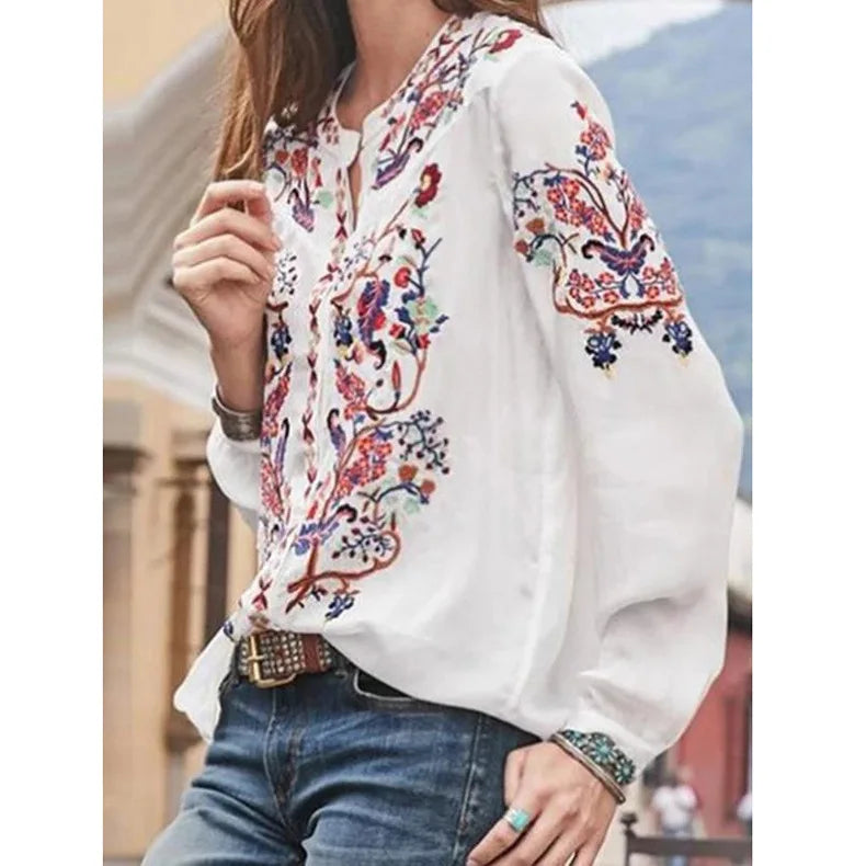 Lace Blouse Long Sleeve Lovely Floral Printed Shirt Ladies Stand Collar Blouse