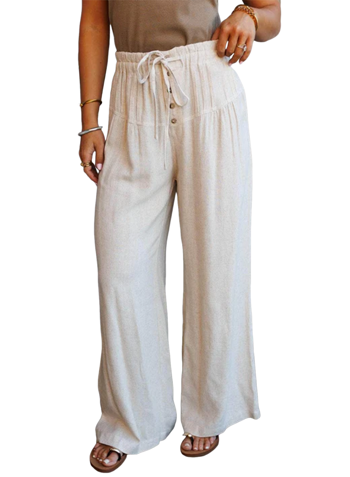 Jet Stream Drawstring Elastic Waist Button Pleated Detail Wide Leg Pants - - Bottoms/Pants & Culotte