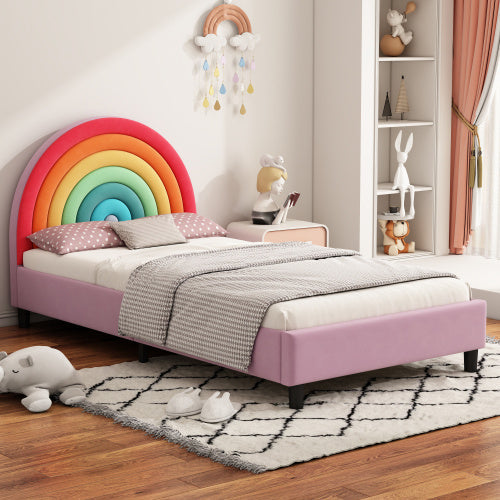 Rainbow Design Upholstered Twin Platform Bed - Colorful - bed frame