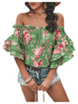 Green Floral X-Large Off Shoulder Ruffle Trim Half Sleeve Summer Top - Green Floral X-Large - Women's Fashion - Women's Clothing - Tops & Tees