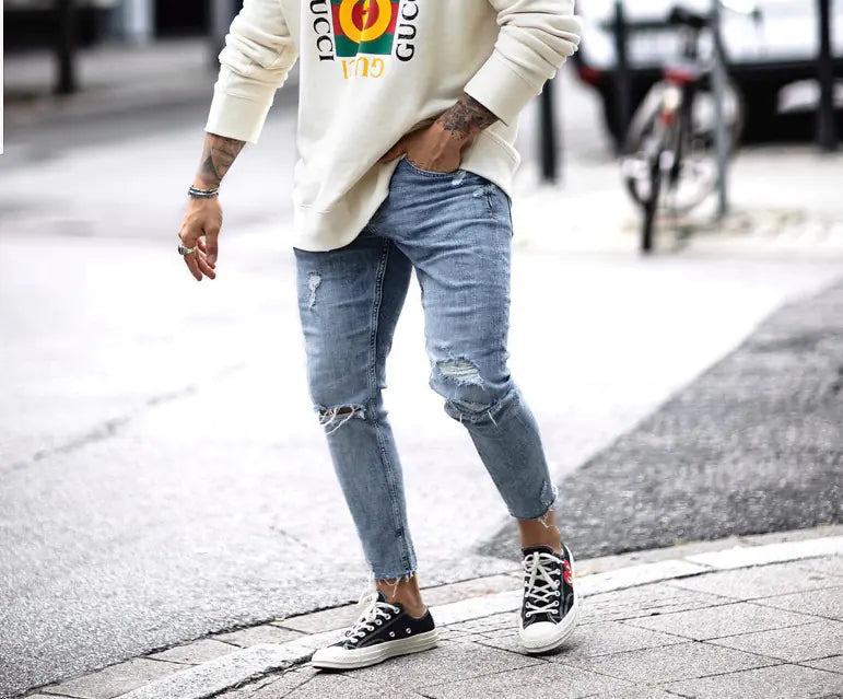 Men's Ripped Slim Fit Cropped Jeans - Kia Day Design