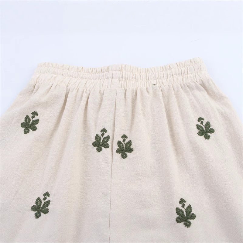 Elastic Waist Tied Embroidered Wide Leg Pants for WomenStyle Fashion Casual - -
