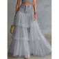 Women's Denim Waist Layered Mesh Maxi Skirt – A-Line Tulle Swing Skirt- FitiqueFit- {{Product type}}
