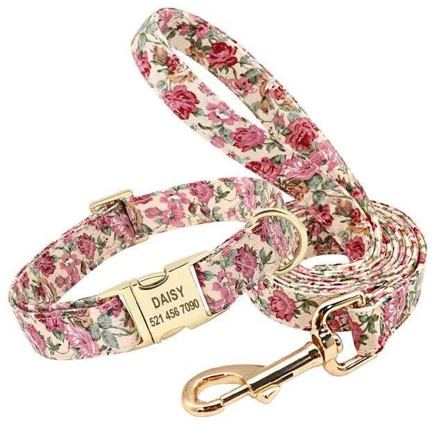 Printed Dog Collar and Leash Set Beige Set Medium