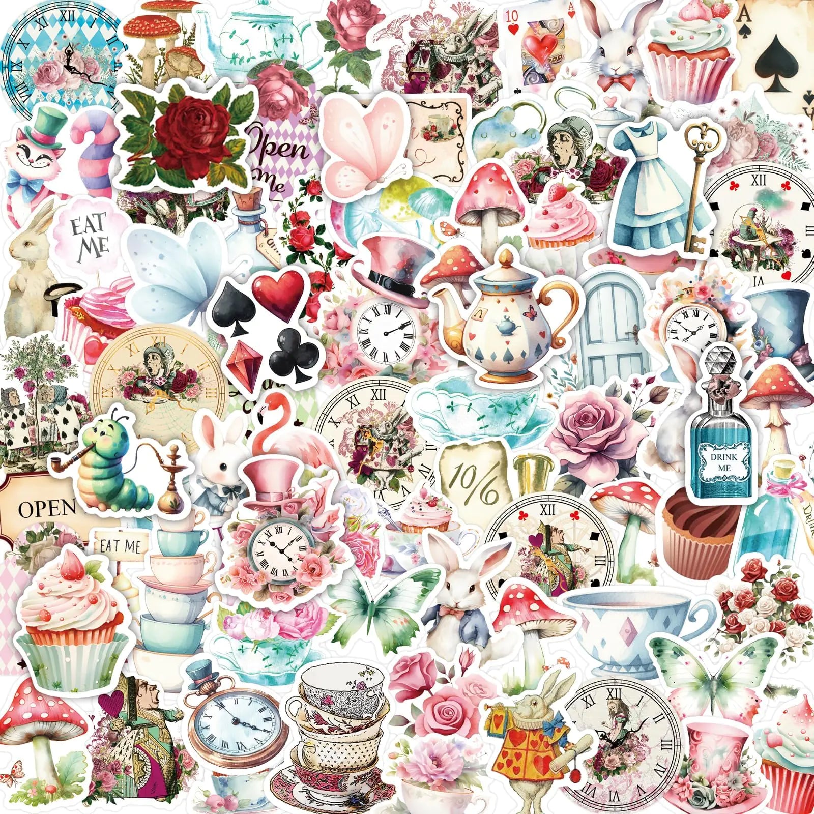 100Pcs Alice Stickers Vinyl Waterproof Alice and Wonderland Tea Party Decorations Stickers for Kids Halloween Trick or Treat Toys Laptop Water Bottles Kia Day Design