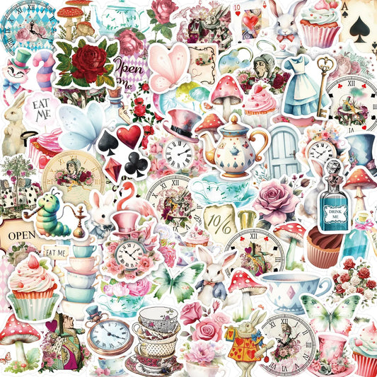 100Pcs Alice Stickers Vinyl Waterproof Alice and Wonderland Tea Party Decorations Stickers for Kids Halloween Trick or Treat Toys Laptop Water Bottles Kia Day Design