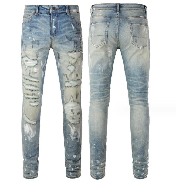 Mens Slimming Patch Perforated Jeans - Light Blue 32 - jeans