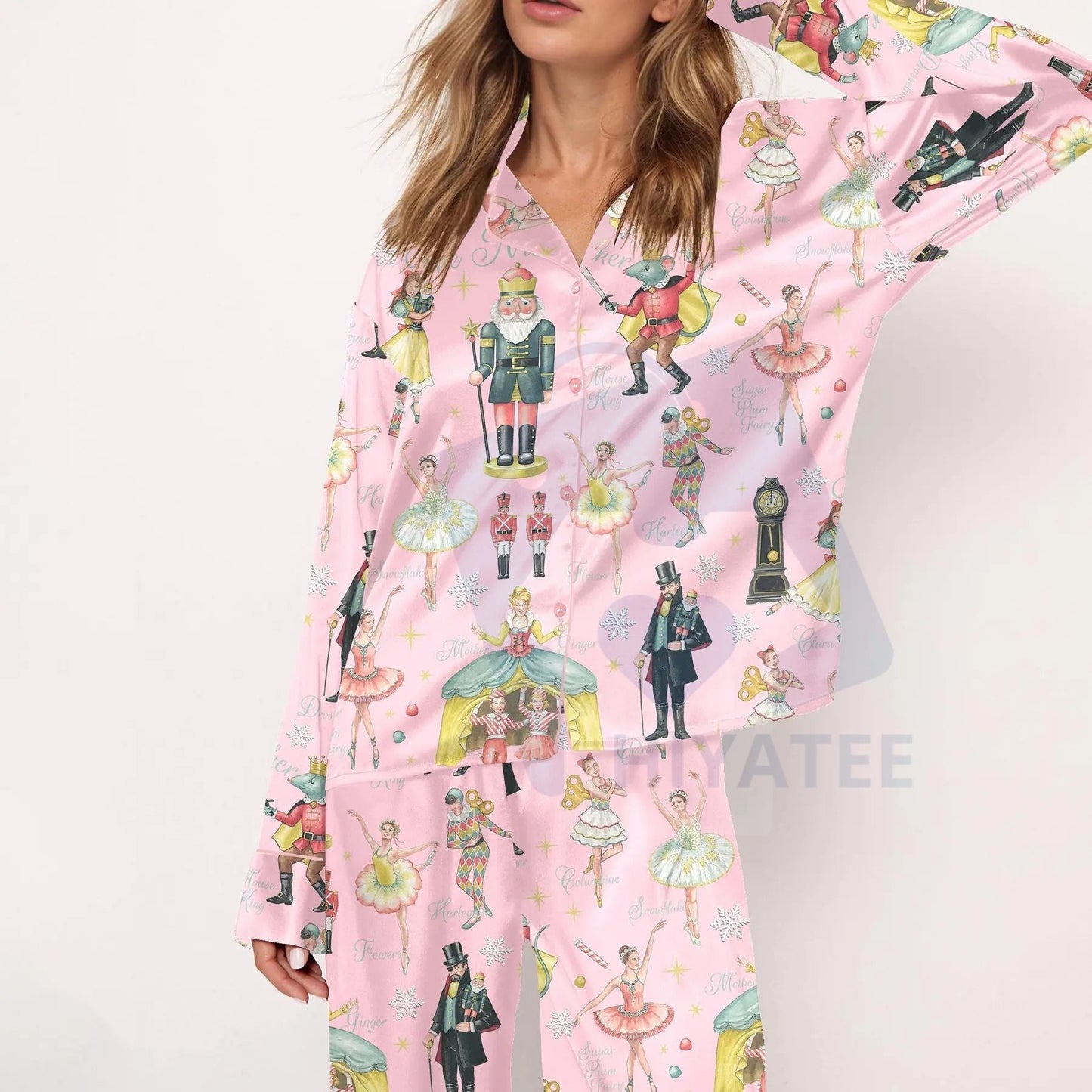 Nutcracker Ballet Christmas Satin Pajama Set For Women Print Comfy Satin Sleepwear & Loungewear Pjs Printing Silky Top & Bottoms - -