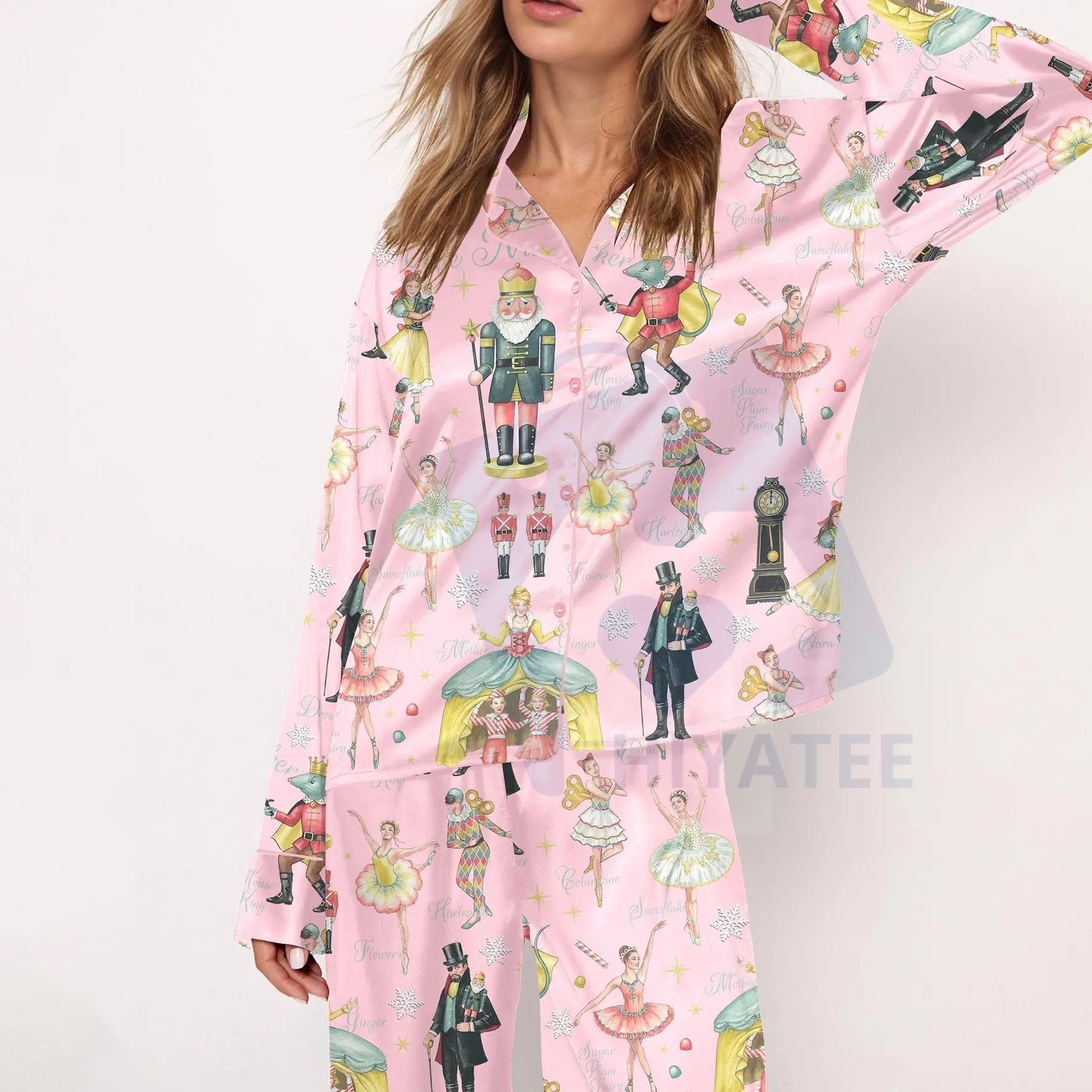 Nutcracker Ballet Christmas Satin Pajama Set For Women Print Comfy Satin Sleepwear & Loungewear Pjs Printing Silky Top & Bottoms - -
