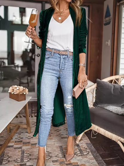 Open Front Long Sleeve Coat - Dark Green -