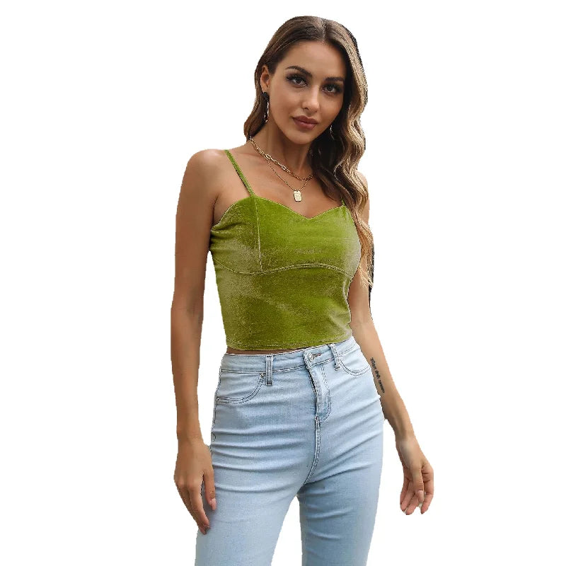 Velvet Camisole Women's Wrap Chest Cropped Tops Women Spaghetti Strap Blouse