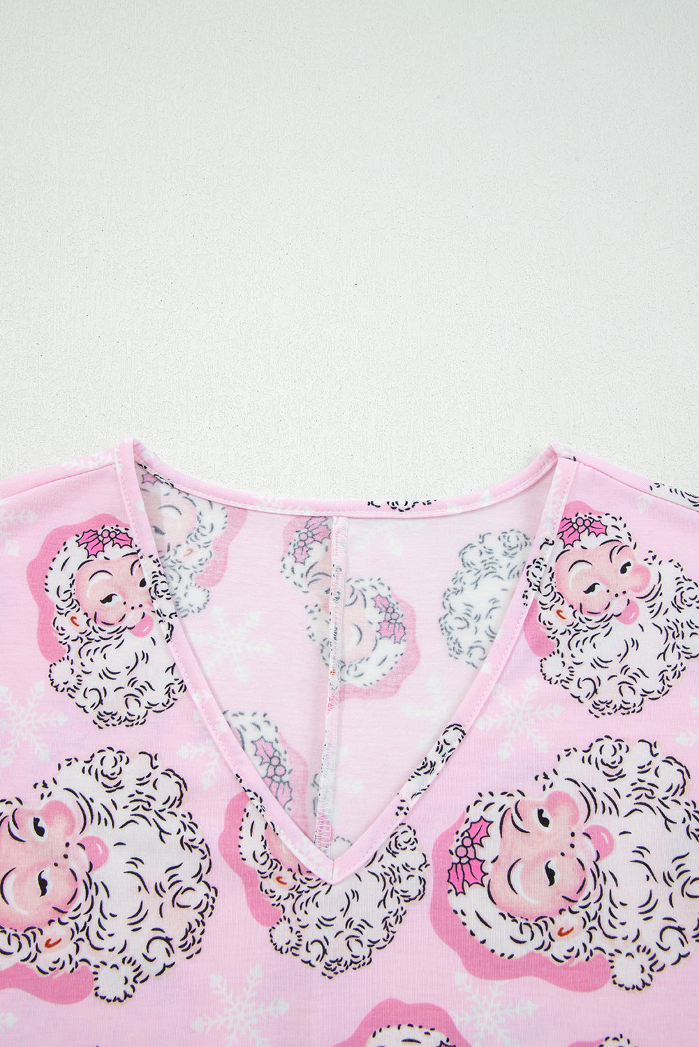 Pink Santa Claus Print V Neck Tee Drawstring Pants 2pcs Lounge Set - - Loungewear & Sleepwear/Loungewear