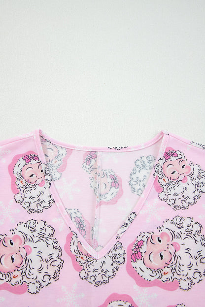 Pink Santa Claus Print V Neck Tee Drawstring Pants 2pcs Lounge Set - - Loungewear & Sleepwear/Loungewear