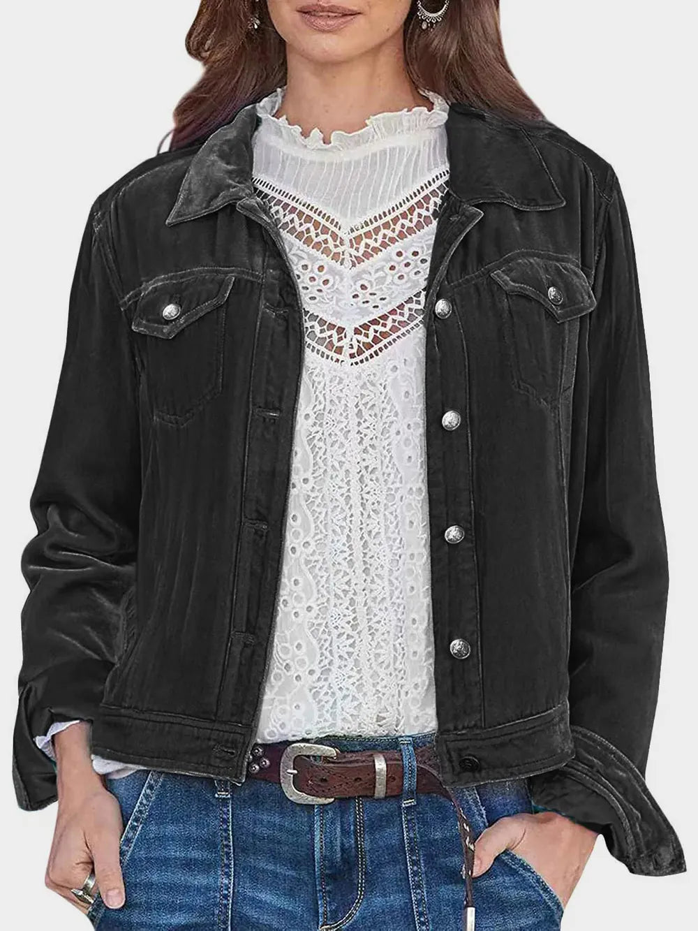 Button Up Long Sleeve Jacket with Chest Pockets - -